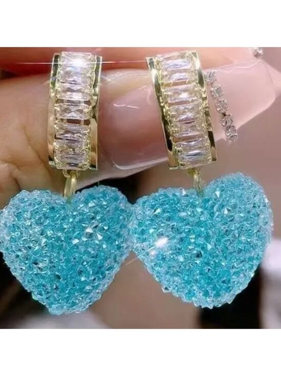 None Jewelry - Blue Spun Crystal Heart Drop Stud Earrings